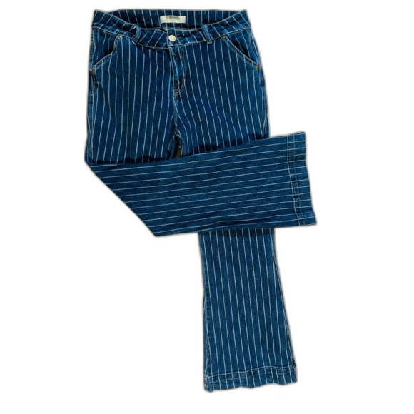 Rock & Roll Denim Striped Flare Wide Leg Hi Rise Bell Bottom Trousers 33x32 16 - Picture 1 of 8